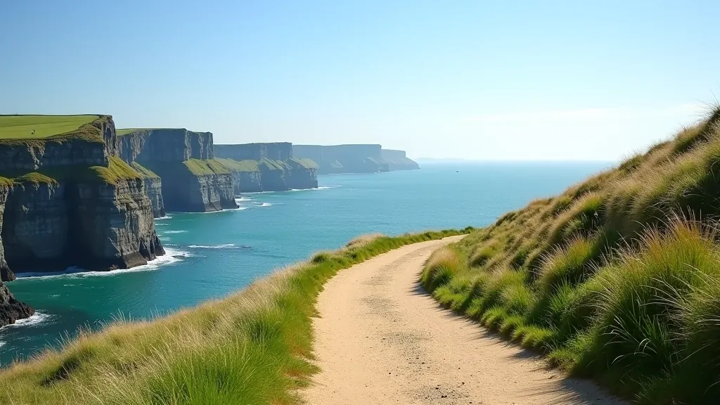 Coastal cliff path with ocean views and walking trail stretching into distance