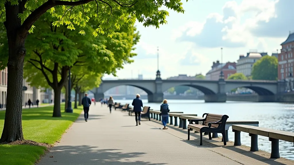 Dublin Liffey River walk with modern bridges in distance, wide paved path alongside water, trees providing shade