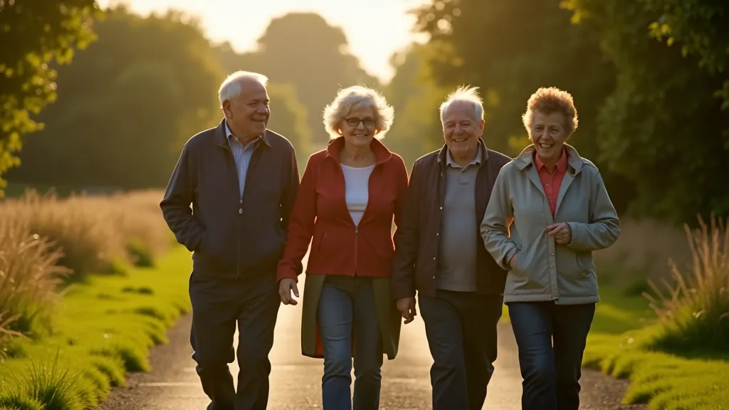 Group of seniors happily walking together on an accessible Irish trail in natural daylight