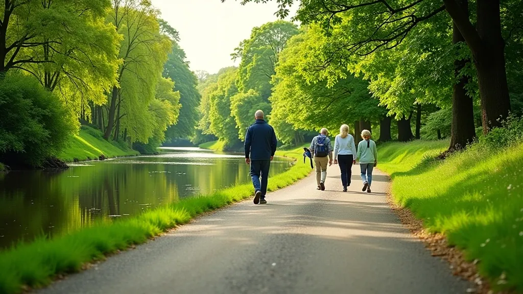 Beautiful riverside walking path in Ireland with families and seniors enjoying a gentle stroll