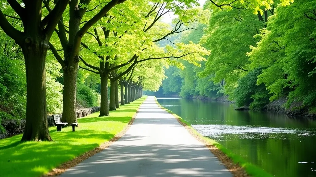 Riverside walking path with green vegetation and water views