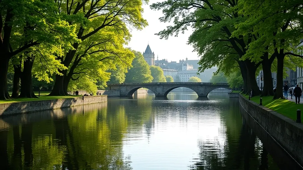 Cork river walk showing calm water, tree-lined banks with dappled sunlight patterns, historic buildings visible across water