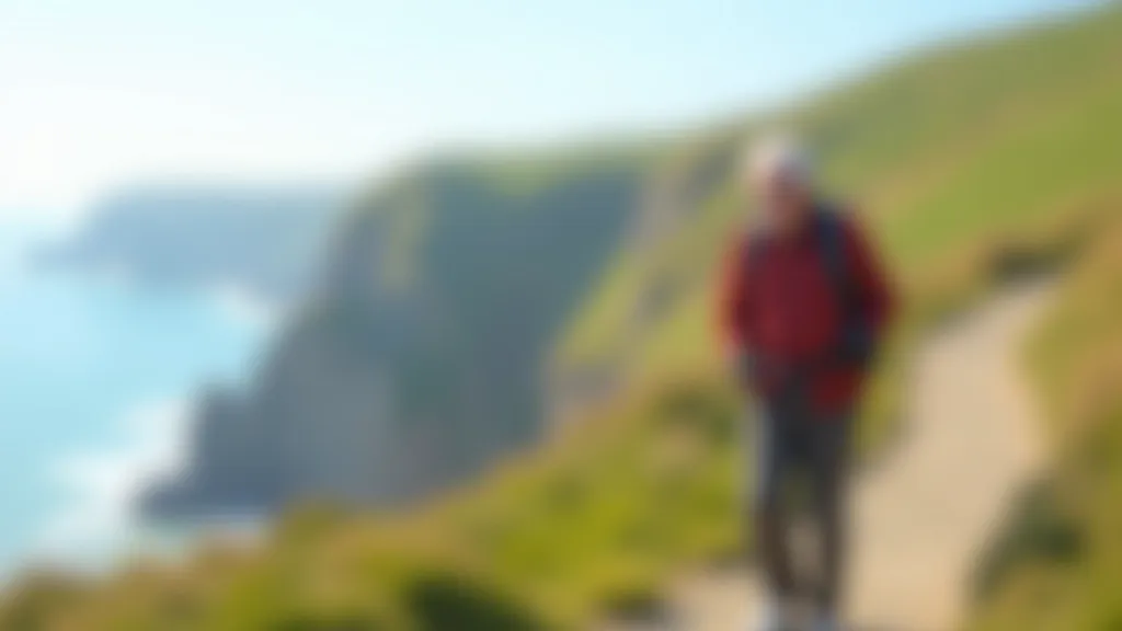 Person walking along clifftop path with vast ocean and sky views